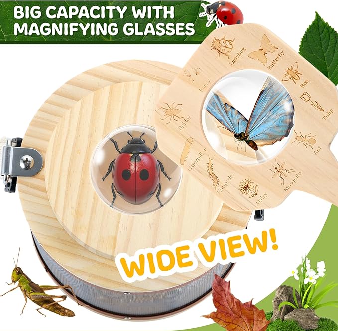 GAGAKU Wooden Bug Catcher Kit for Kids 4-8, Outdoor Explorer Set with Expandable Butterfly Net, Magnifying Glass, Tweezers, Educational Catching Toy for Backyard Camping, Gift for Boys Girls