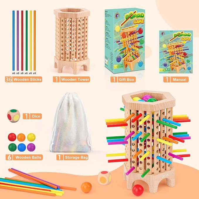 Centtechi Montessori Game Wooden Board Games for Kids 4-6-8, Colorful Sticks Math Educational Toys for Boys and Girls, Classic Fun Dice Games for Family Game Night 2-6 Players