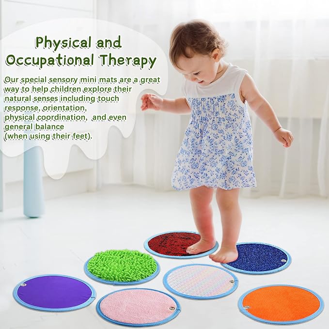 Boao 8 Set Mini Sensory Mats for Autism Kids Sensory Floor Tiles, Round | 8.7 Inch, Assorted Textured Play Mats, Educational Tactile Toys for Adhd Children Activity Occupational Therapy