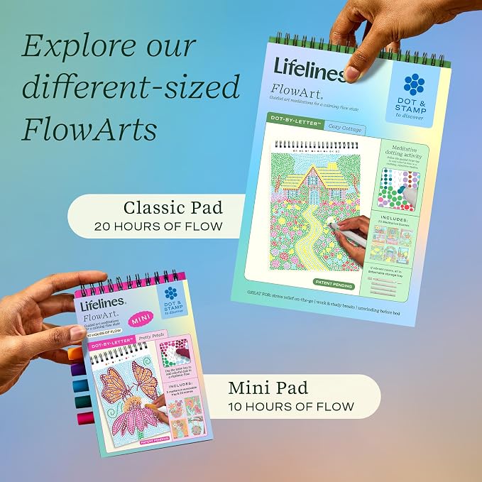 Lifelines FlowArt Activity Pads 3-Pack, Dot-by-Letter Guided Coloring Books | 12 Double-Sided Markers & 60 Scenes - Guided Art Meditations for Tweens, Adults & Seniors - Color-by-Number - Patent Pending