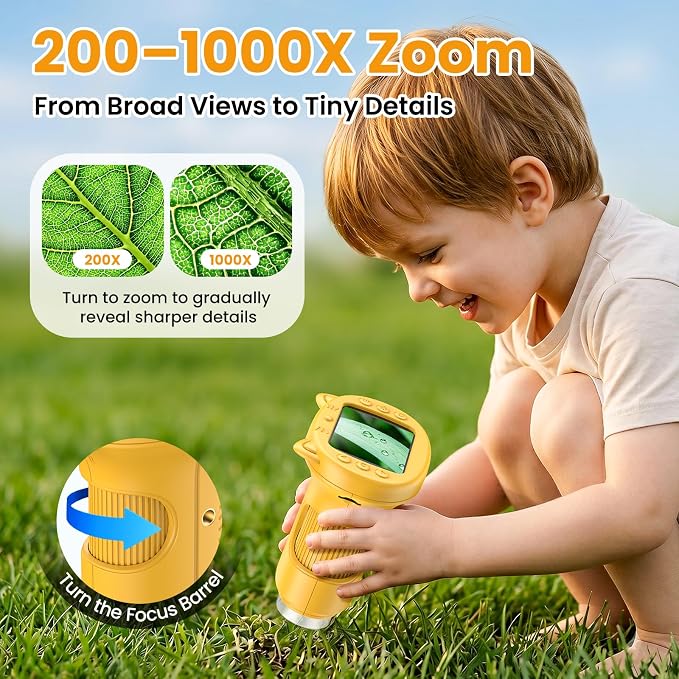Alotwan Kids Microscope Handheld, Digital 1000X, 2.4" HD Screen | Pocket Size, Miniscope, Camera, Magnifying Glass, Outdoor Play, Science STEM Toys, Gifts for 3+ Ages, Yellow