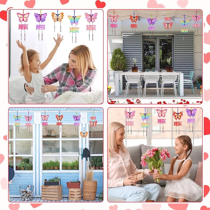 Fennoral 12 Pack Butterfly MOM Wind Chime Kit for Kids Make You Own Mother's Day Craft Kit DIY Coloring Wooden Art and Craft for Mom's Birthday Decoration from Son Daughter