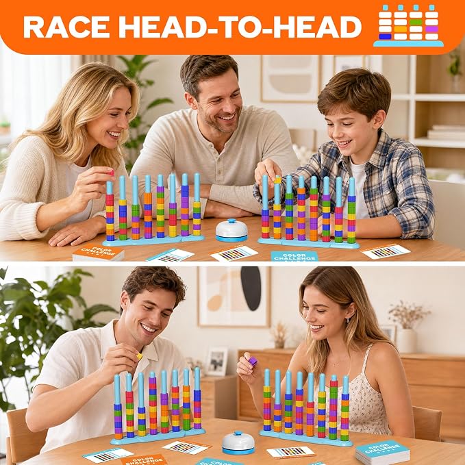Color Challenge Game – 2 Pack Color Matching Game for Family Game Night and Parties, Board Games for Kids 6-8-12 & Adults, Stacking Game with 2 Stack Racks, 100 Cards, 120 Rings, Bell, Storage Bag‌