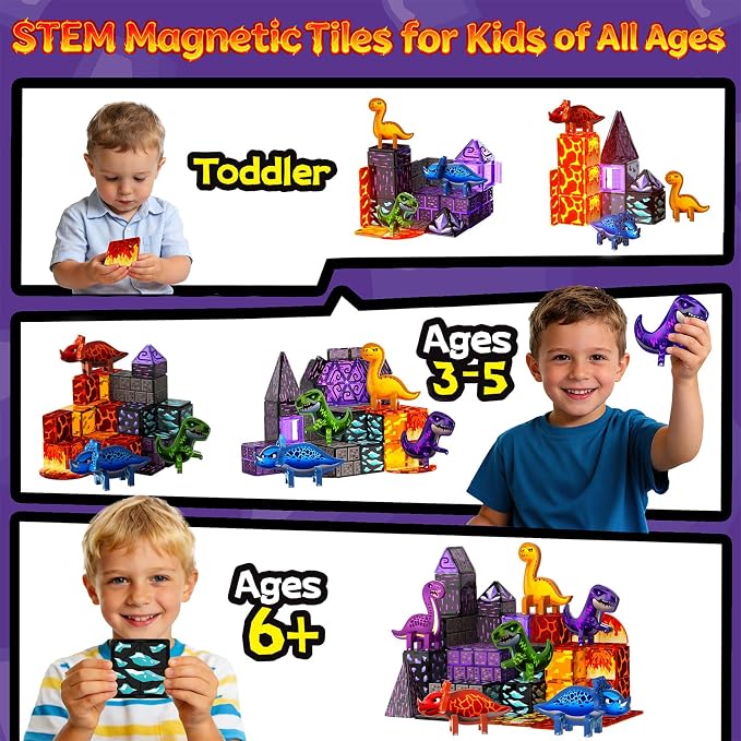 GobiDex 80PCS Dinosaur Toys Magnetic Tiles Building Blocks for Kids Ages 3+ | Jurassic Dinosaur World Adventure Theme, STEM Magnetic Blocks Building Play, Creative Brthday Gifts for Boys Girls