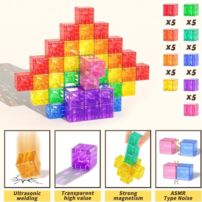 Apluses 45PCS Magnetic Blocks - Transparent Magnet Cubes, Kids Building Blocks, Sensory Autism Gifts for Kids Ages 3+, Preschool Travel Toys for 3-5 Year Old Boys and Girls