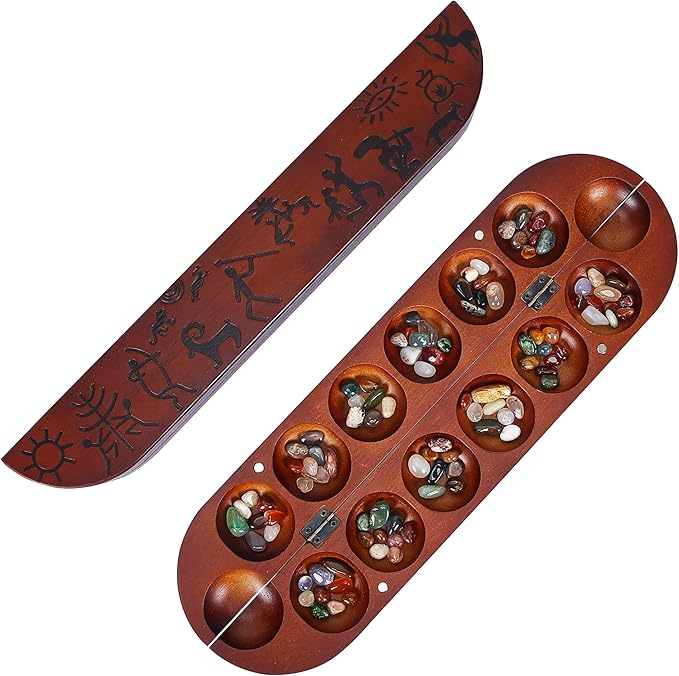 Offelec Wooden Mancala Board Game Set, Large 15.8 Inch Folding Board with 100 Multi Color Stones, 2-Player Classic Family Strategy Game for Kids & Adults, Portable Travel Mancala with Instructions