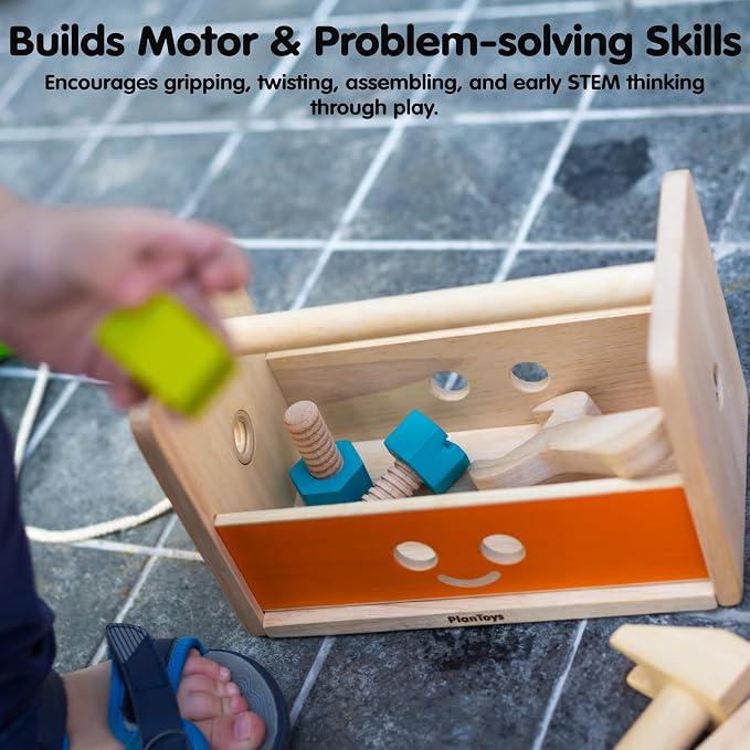 PlanToys Wooden Transforming Robot Tool Box with Wrench, Nuts & Bolts, Wooden Planks, and Shapes| Sustainably Made from Rubberwood and Non-Toxic Paints and Dyes | hammer, wrench, screwdriver, kids tool set, girls, boys, fine motor problem solving imagi...