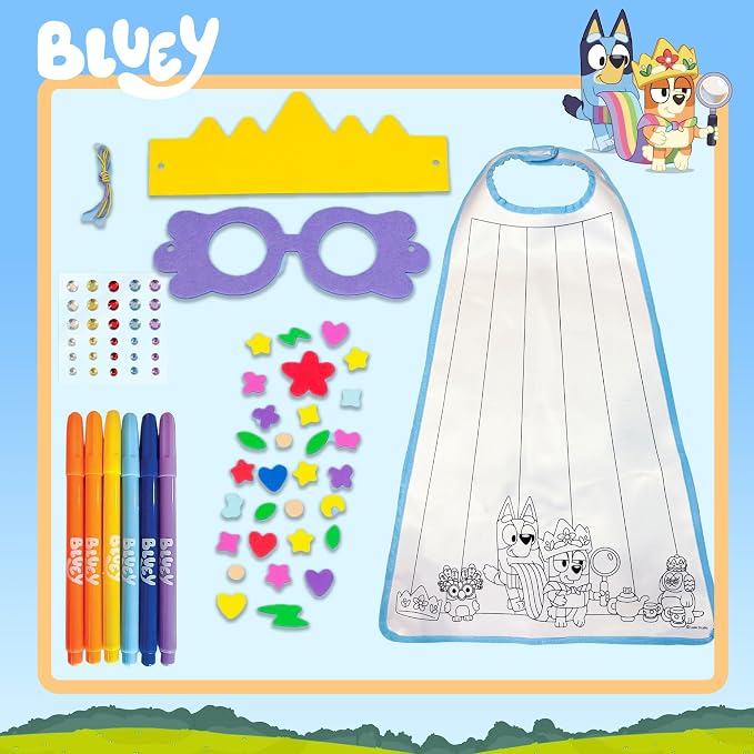Bluey Creative Dress-Up Set, Includes Colorable Cape, Felt Crown, & Play Mask, Foam Stickers, Coloring Markers, and Gems, Bluey Toys, Toddler Activities, Dress Up Costumes for Kids, Fun Family Toy