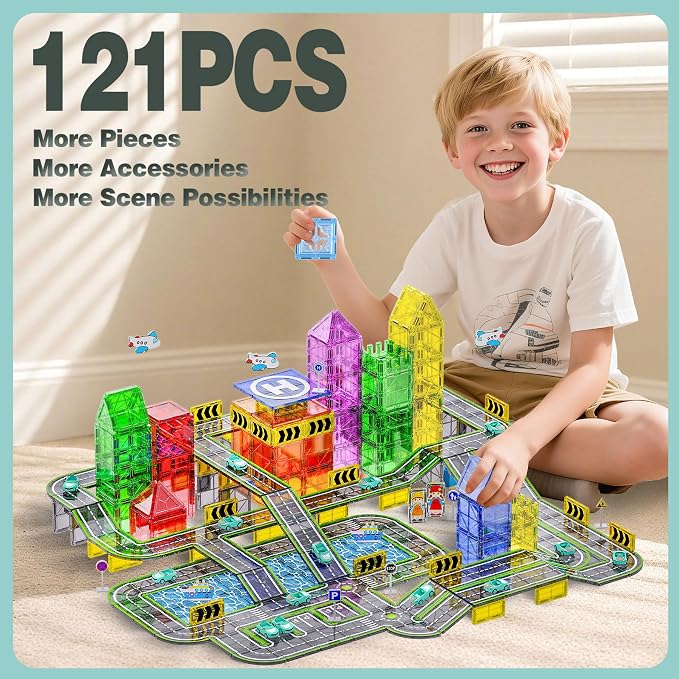 121PCS Magnetic Tiles Road Set with Pullback Cars. Magnet Tiles for Building Construction Toys with Ship, Airplane, Traffic Sign, STEM Magnetic Tiles for Kids Ages 4-8, Educational Gifts for Ages 3+