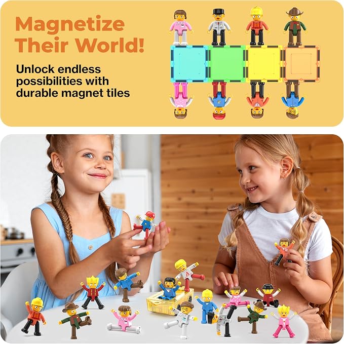 PicassoTiles Magnetic Character Figures Set, Toddler Style STEM People Toy | 16 pcs, creative pretend roleplay, open ended construction, interactive building block accessories, safe non toxic, ages 3+