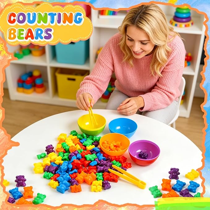 Bbiamsleep Rainbow Counting Bears, 105 Pcs Sorting Bears with Matching Cups | Color Sorting Bear Counters Fine Motor Skills Sensory Bin Tools Light Table Manipulatives for Sorting Counting Training