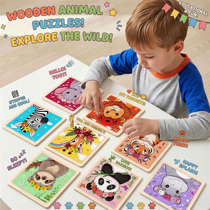 Wooden Jigsaw Puzzles for Kids Ages 3-5, 8-Pack 9-Piece Animal Puzzles Toy | Animal Wood Puzzles Set, Toddler Brain Teaser Toys, Gifts for Boys Girls Ages 3 4 5 6