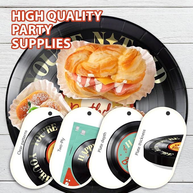 96Pcs Vinyl Record Birthday Party Decorations for Men Women, Serves 24 | Rock and Roll Music Plates and Napkins Karaoke Tableware Set for Vintage Disco Rock Music Birthday Party Supplies