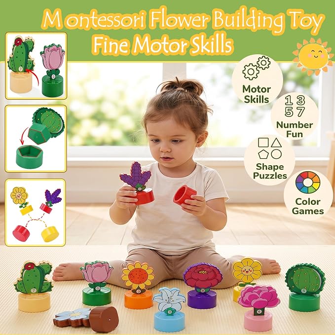 GKDOMS Montessori Shapes & Colors Sorting Flower Garden Toys Matching Game | 10pack Potted Plants, Kids Flowers Building Set, Sensory Toys, Preschool Learning Activities, Educational Gifts