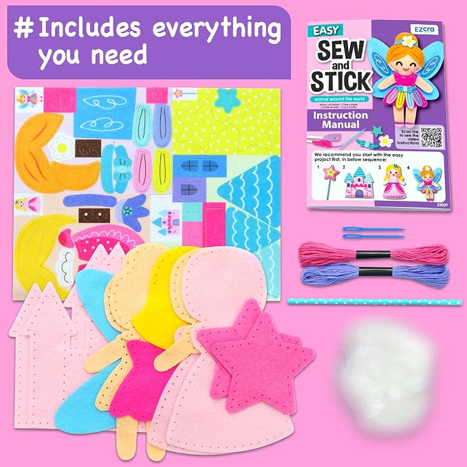 EZCRA Fairy Sewing Kit for Kids Ages 4-8 - 4 Beginner Projects | Children Sewing Craft Kit for Girls. 4 Beginner DIY Projects with Felt Stickers. No Mess Birthday Gift for Girls.