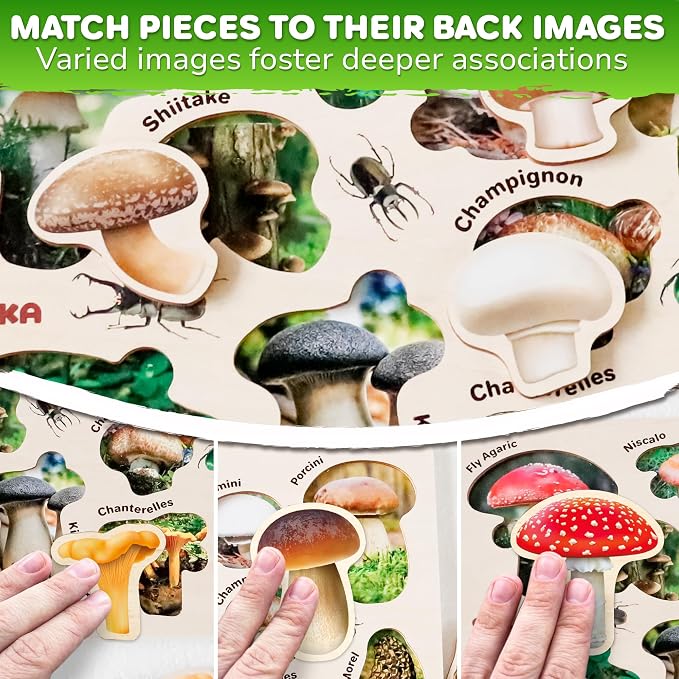 Wooden Puzzles for Toddlers 2-4 - 3 Montessori Kids Puzzles Ages 3-5 | Realistic Wood Educational Baby Puzzles 12-18 Months – Learning Toddlers Puzzles with Mushrooms Flowers Leaves