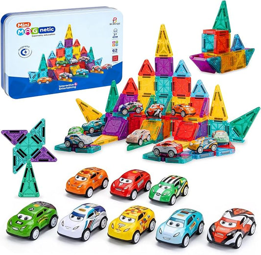 Mini Magnetic Tiles 62 PCS with 8 Metal Cars Travel Magnetic Building Tiles with Storage Box Magnet Toy for Kids STEM Educational Set Construction Toys Boys Girls Toddlers Birthday Gifts 3 4 5 6 7 8