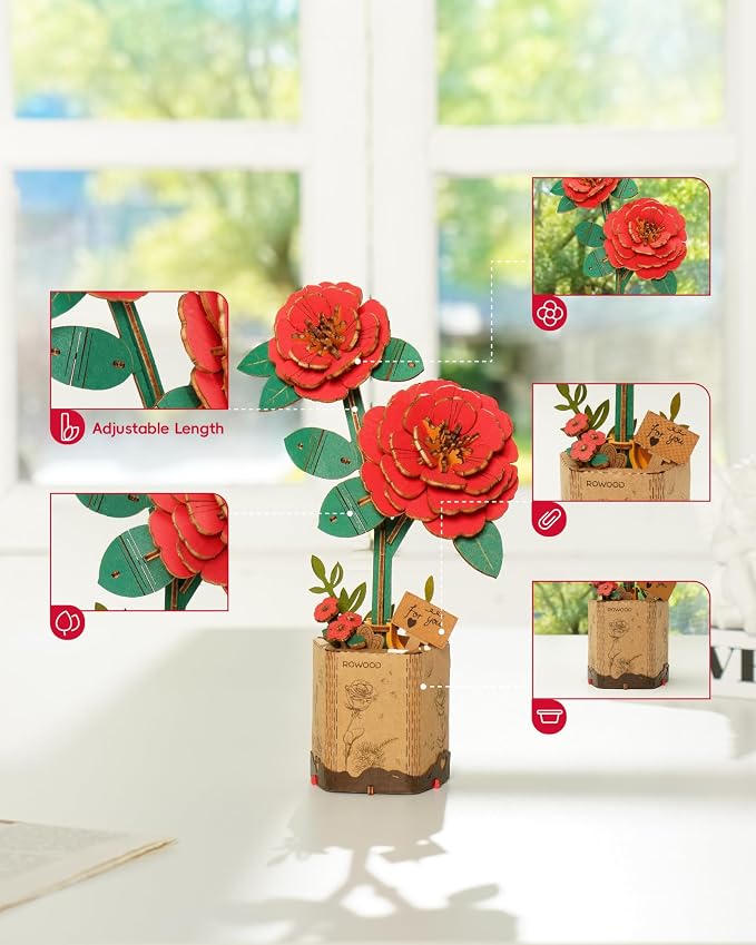 rowood 3D Puzzle,Mother's Day DIY Wooden Flower Craft Kit Building Set,Botanical Collection Home Decor, Valentine's Day/Teacher's Day/Christmas/Birthday Gift for Mom/Women/Grandma-Red Camellia