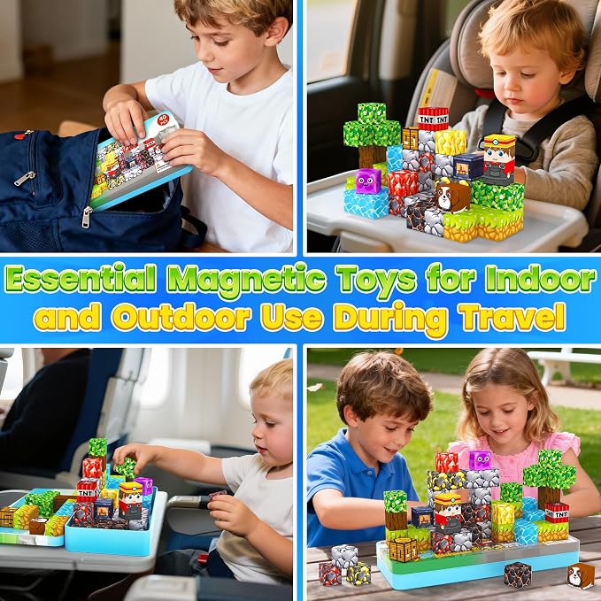 Mini Magnetic Blocks Tiles Travel Essentials Toddler Toys with Case, Kids Games Montessori Sensory Building Blocks Toys for 3+ Year Old Boys Girls Christmas Birthday Gifts
