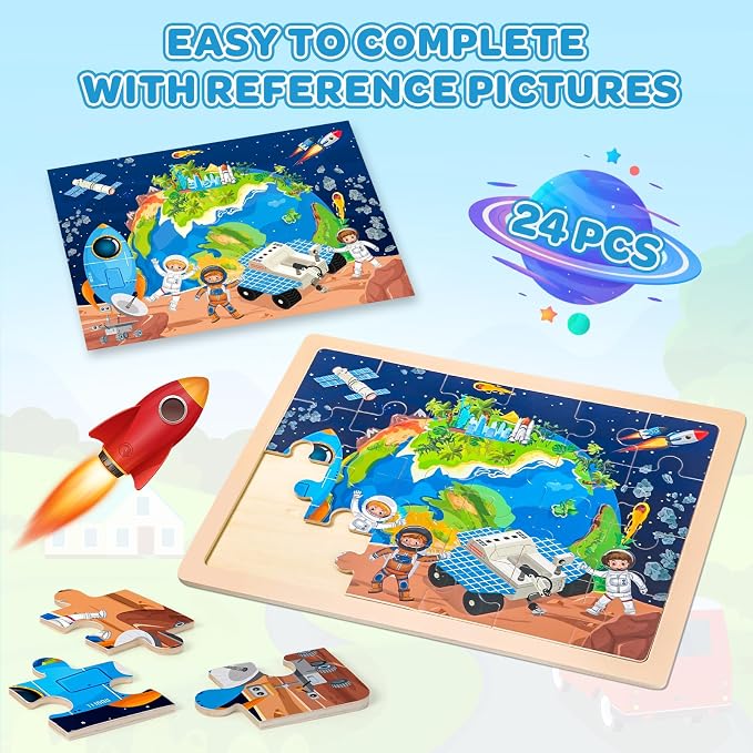 4-Pack Wooden Puzzles for Kids Ages 3-5, 24-Piece Geography Space Set | Toddler Puzzles Ages 3-5, Preschool Puzzles with Wooden Jigsaw Boards for Fine Motor Skills, Shape Recognition and Travel