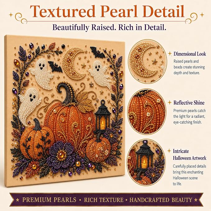 Halloween Pearl Art Kit for Adults, DIY Fall Craft (Pumpkin) | Create textured Halloween decor through a screen-free, beginner-friendly craft activity.