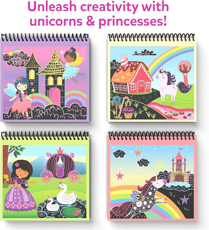 Skillmatics Magical Scratch Art Book – Unicorns & Princesses, Travel Toy | Craft Kit, Drawing & Coloring Supplies, 30+ Scratch Stickers, Screen-Free, Gift for Toddlers, Girls & Boys Ages 3, 4, 5, 6