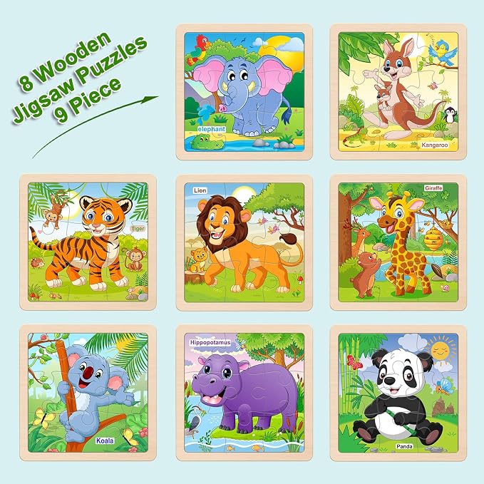 Wooden Puzzles for Toddlers 3+, 9 Pieces Animal Jigsaw Puzzles for Kids Ages 3-5, Preschool Learning Activities, Learning & Educational Toys, Gifts for Boys, Girls