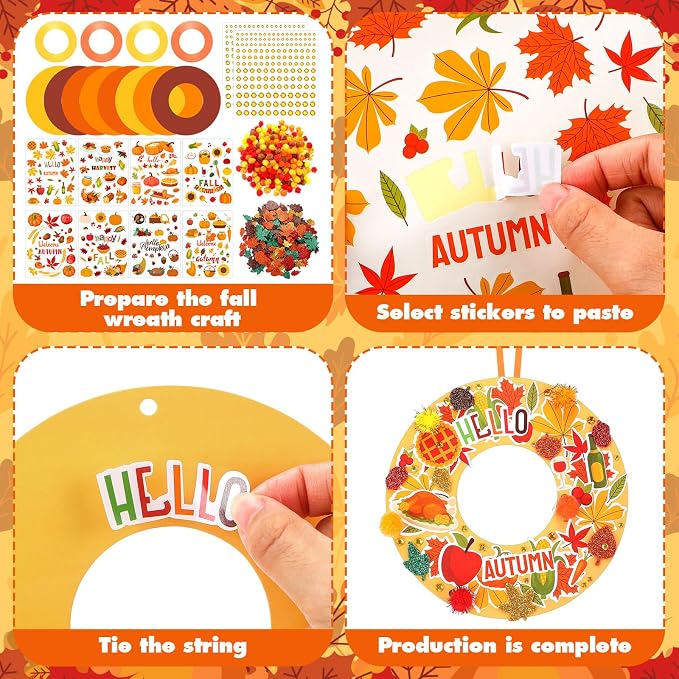 Hollowfly 48 Sets Fall Wreath Craft Kits, DIY Paper Crafts with Stickers | Thanksgiving Party Decor, Autumn Hanging Ornaments, Back to School Activities for Kids, Classroom Projects with Stickers
