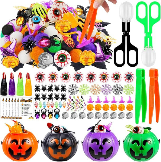 232Pcs Halloween Sensory Bin Filler Fine Motor Sensory Toys Include Cards Witch Finger Eyeball Bat Pumpkin Fillers for Counting Sorting Training