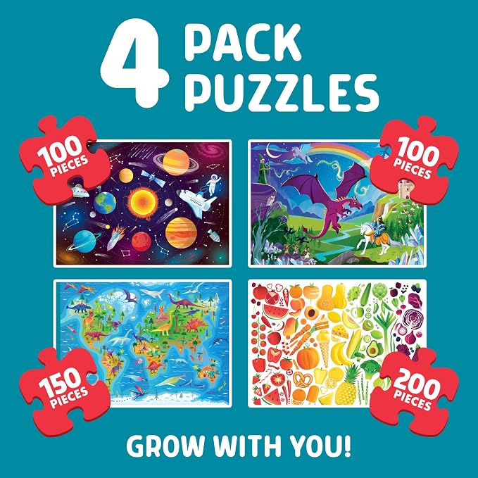 Chuckle & Roar - 4 Pack 100, 100, 150, 200 Piece Puzzles for Kids 6+ | Multipack, Grow with You Play, Large Pieces, Develop Fine Motor Skills, Giftable