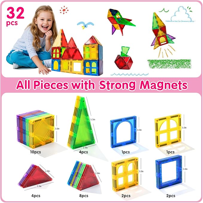 Magnetic Tiles Kids Magnetic Blocks 32PCS Building Sets for Kids Ages 3+ | Magnetic Blocks Sensory Montessori Toys Set All Pieces with Magnets, Ideal STEM Educational Construction Gifts