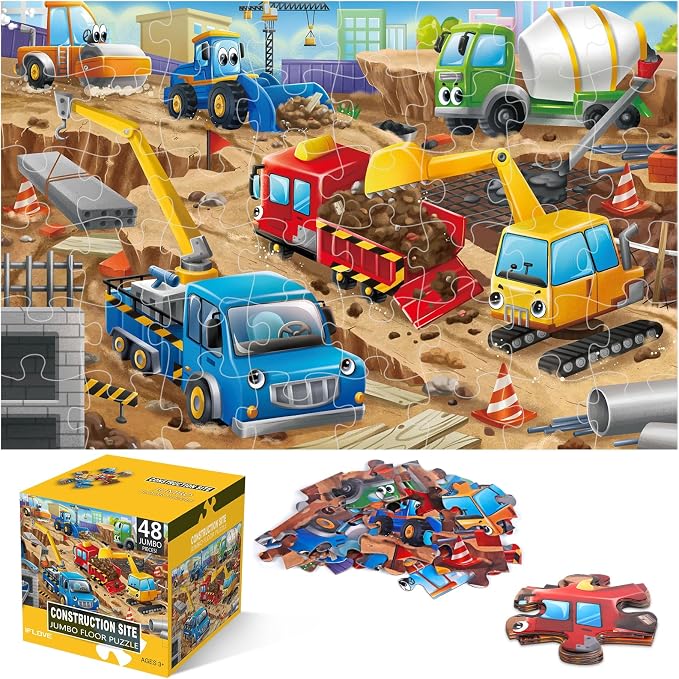Jumbo Floor Puzzle for Kids,48 Piece Construction Site Jigsaw Puzzle | Construction Vehicle Puzzle,Extra-thick Cardboard,Preschool Learning Toy,35x24 in Completed,Gift for Boys and Girls Ages 3-8