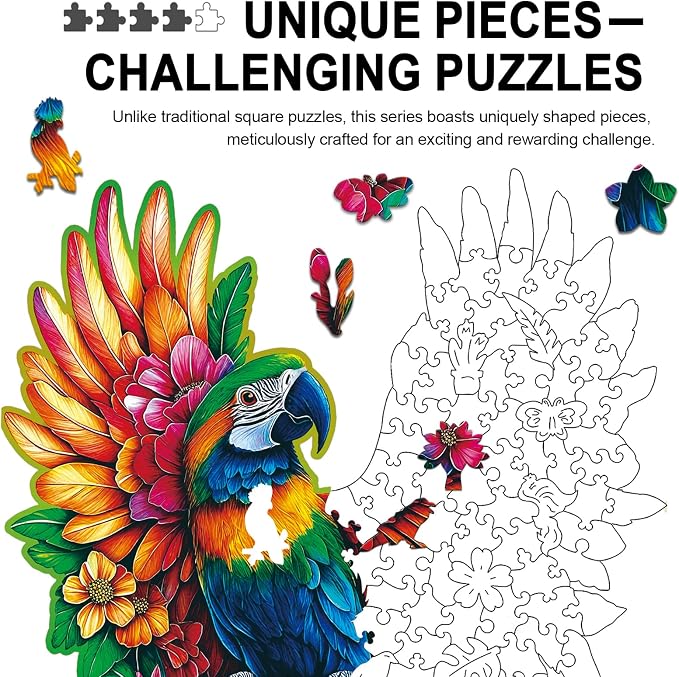 Wooden Puzzles for Adults Floral-Winged Parrot Puzzle - Laser-Cut Unique Shaped Stress Relief Jigsaw Puzzle, Wall Art Home Decor Gift for Family, Christmas Thanksgiving Gifts (14.9"×11.1" 200pcs)