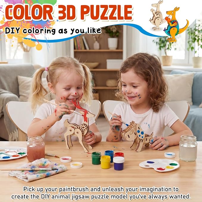 Sanwuta 12 Sets 3D Wooden Animal Puzzles for Kids Wild Animal Models | Paintable Coloring, Assembly Wood Building Kits, DIY Art Crafts Stem Toys, Educational Gifts, Party Favors for Teens Adults