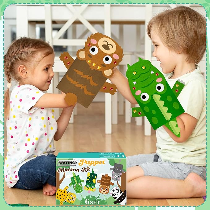 WATINC Hand Puppet Making Kit, Felt Sock Puppet Toys for Kids (Wild B) | 6 Styles, Make Your Own Storytelling & Role Play Crafts, Creative Group Activity, Party Favors & Gifts for Kids Ages 4-8
