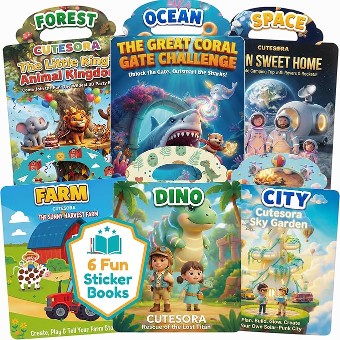 Reusable Jelly Sticker Books for Toddlers 2-4, Kids 3-6, 6 Sets | Sticker Activity Toys | Quiet Travel Toys | Washable 3D Puffy Stickers | Screen-Free Play | Gift Ages 1-6