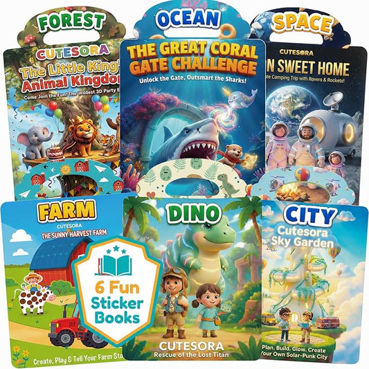 Reusable Jelly Sticker Books for Toddlers 2-4, Kids 3-6, 6 Sets | Sticker Activity Toys | Quiet Travel Toys | Washable 3D Puffy Stickers | Screen-Free Play | Gift Ages 1-6