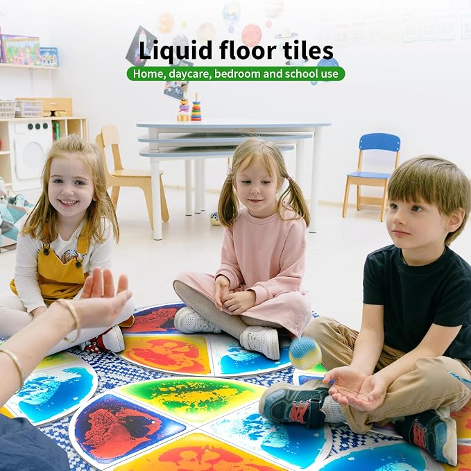 LONGKING 4-Sheet Liquid Sector Sensory Tiles, Colorful Floor Tile for Play Centers, Playroom, Lava Tiles, Radius 13" | Sensory floor tiles, soft liquid gel, Radius 13", color movement play mat, playroom classroom daycare, 4-sheet