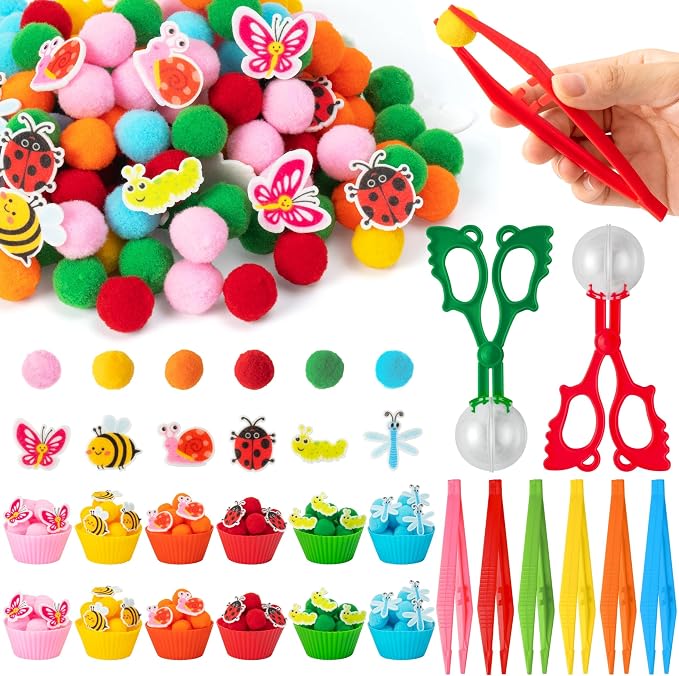 EZdhuawuse Summer Insects Sensory Bin Fillers - 321P Summer Bee Fine Motor Toys Counting Sorting for Easter Gift, Counting Toy with Felt Butterfly Pom Pom Cup Clip for Preschool Education Activities