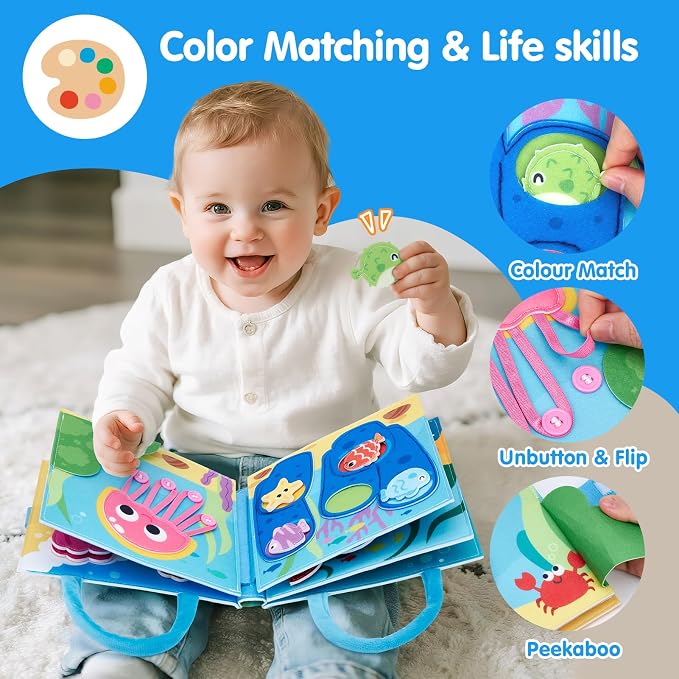 hahaland Ocean Busy Book for Toddlers 1-3, Busy Board for 1 Year Old Girls | Montessori Sensory Activity Toys, Travel Toy for 1 2 3 Year Old, Educational Fine Motor Skills Learning Toys, Birthday Gifts