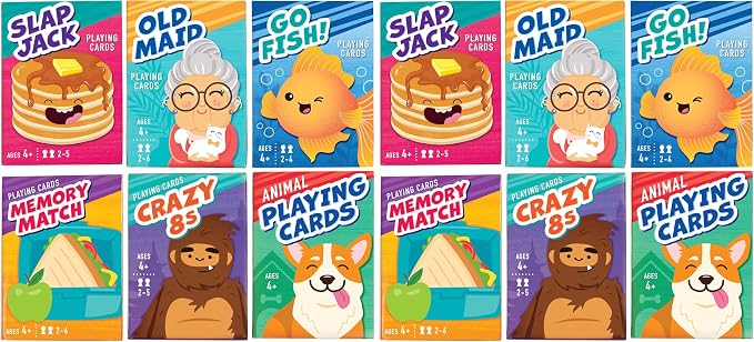 LotFancy Card Games for Kids, 6 Decks, Go Fish, Old Maid, Crazy Eights, Memory Match, Slap Jack, Animal Playing Cards, Easter Basket Stuffers, Stocking Stuffers, Birthday Gifts (Pack of 2)