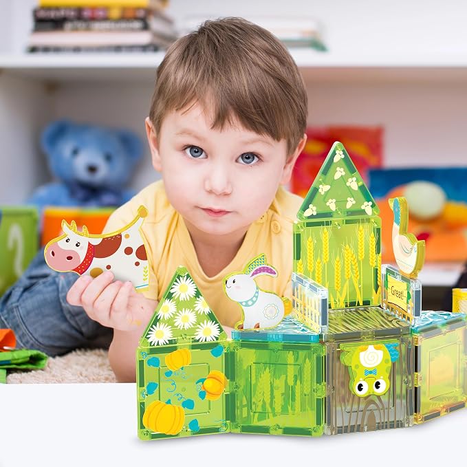 PicassoTiles 26 Piece Magnetic Tiles, Fall Farm Set with 8 Animals, Ages 3+ | 18 printed autumnal designs, rabbit, duck, parrot, frog, unicorn, cat, cow, dog, BPA-free, full-size compatibility, STEM play
