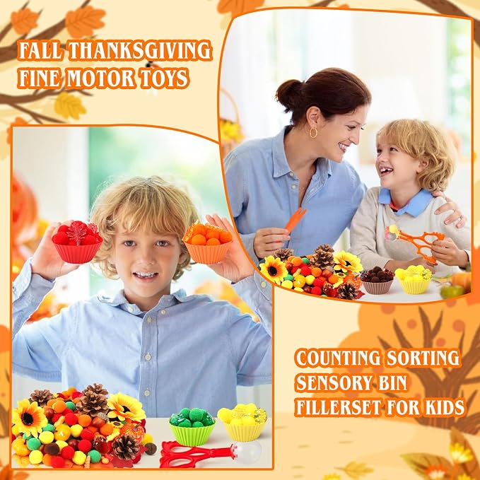 Fall Sensory Bin Fillers-327Pcs Fall Thankgiving Fine Motor Items with Pom Poms Pumpkins Maple Leaves Squirrels Cup for Counting Sorting Training