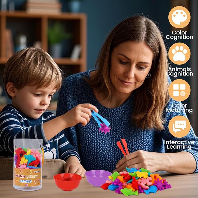AMOR PRESENT 56 Couting Animals, 6 Sorting Bowls, 2 Tweezers, Storage Tube | Ocean Animals, Color Sorting Toys, Matching Game, Montessori Learning, for Toddlers, Fine Motor Skills