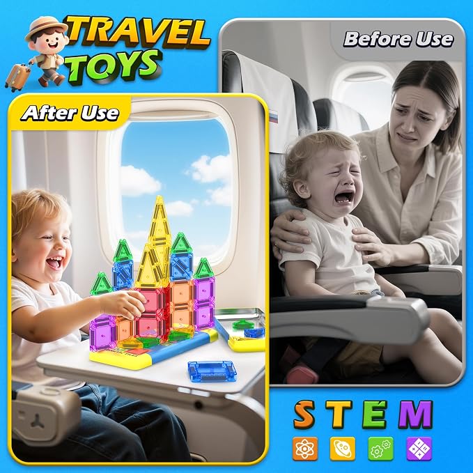 Mini Magnetic Tiles Travel Set STEM Educational Toys for Boys & Girls 3-8 | Outdoor Building Toys Preschool Classroom Must Have Portable Games with Iron Box for Car Airplane Kids Aged 3+ Birthday Gifts
