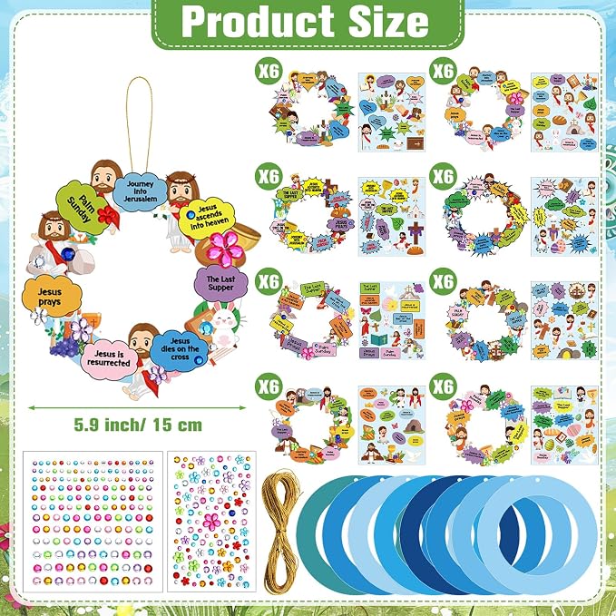 Hollowfly 48 Sets Christian Easter Wreath Craft Kit for Sunday School | 8 Jesus-Themed Designs with Cross, Donkey and Empty Tomb, Bible Stickers for Church and VBS Activities