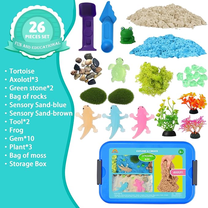 AGENTLAN Axolotl Sensory Bin with Sensory Sand, Axolotl Toys for Kids | Gift for boys and girls, sand kit for kids, sensory Toys for toddlers ages 3-8, indoor outdoor play