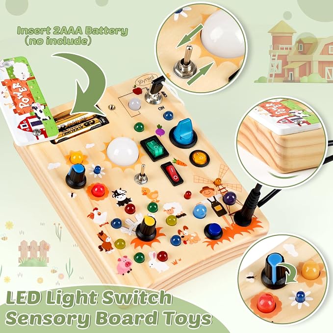 Joyreal Wooden Busy Board for Toddlers - Montessori Toys for 1 2 3 Year Old | Sensory Activity Board with 10 Switches & 19 Lights, Toddlers Activity Travel Toys for Boy & Girl Birthday Gift (Farm Theme)