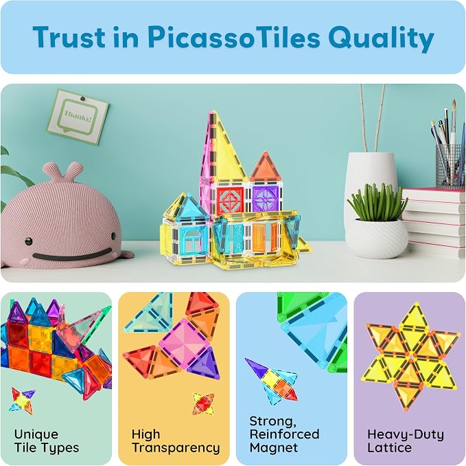 PicassoTiles Magnet Tile Building Blocks 48 Piece Travel Sized Playset with Windows and Clip-on Doors Construction Stacking Magnetic Tiles Block Learning Educational STEM Toy Boys Girls Age 3+ PTM48