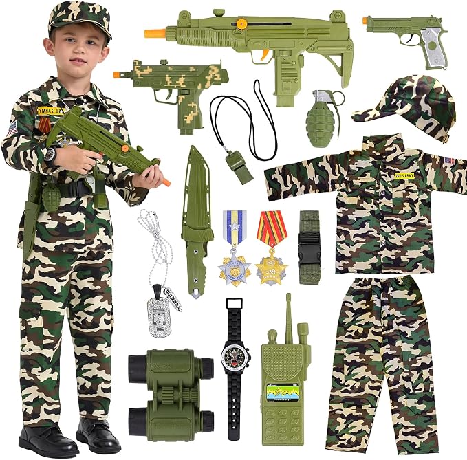 16PCS Kids Halloween Soldier Costume, Military Outfit with Accessories | Halloween Soldier Costume • 16PCS Military Set • Toy Accessories Included • Realistic Role Play • Ages 3-12